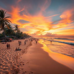 A stunning view of Kuta Beach in Bali, Indonesia, showcasing golden sands with gentle waves lapping at the shore, palm trees swaying in the background, and vibrant sunsets casting an orange and pink glow across the sky