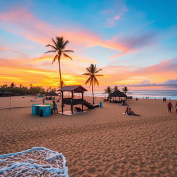 A stunning view of Kuta Beach in Bali, Indonesia, showcasing golden sands with gentle waves lapping at the shore, palm trees swaying in the background, and vibrant sunsets casting an orange and pink glow across the sky
