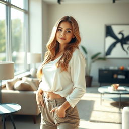 A beautiful young female model in her 20s, gracefully posing in a stylish indoor setting