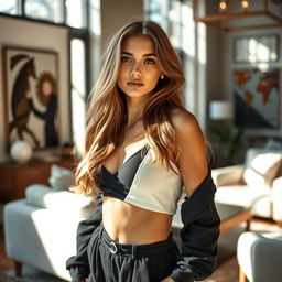 A beautiful young female model in her 20s, gracefully posing in a stylish indoor setting