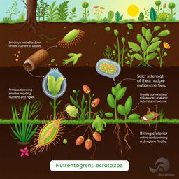 An educational illustration depicting the role of protozoa in nutrient recycling within an ecosystem
