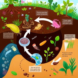 An educational illustration depicting the role of protozoa in nutrient recycling within an ecosystem