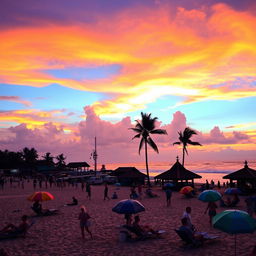 A vibrant scene of Kuta Beach in Bali, Indonesia, showcasing the stunning sunset with vibrant orange, pink, and purple hues painted across the sky