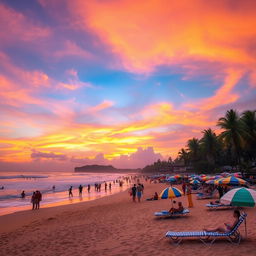 A vibrant scene of Kuta Beach in Bali, Indonesia, showcasing the stunning sunset with vibrant orange, pink, and purple hues painted across the sky