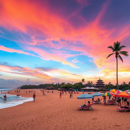 A vibrant scene of Kuta Beach in Bali, Indonesia, showcasing the stunning sunset with vibrant orange, pink, and purple hues painted across the sky
