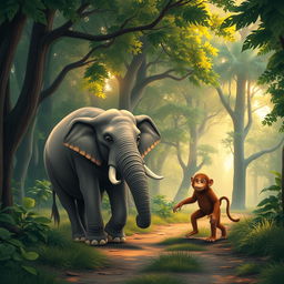 In the early morning, a large gray elephant and a brown monkey are walking along a forest path filled with lush green trees and soft sunlight filtering through the leaves