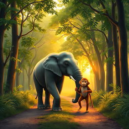 In the early morning, a large gray elephant and a brown monkey are walking along a forest path filled with lush green trees and soft sunlight filtering through the leaves