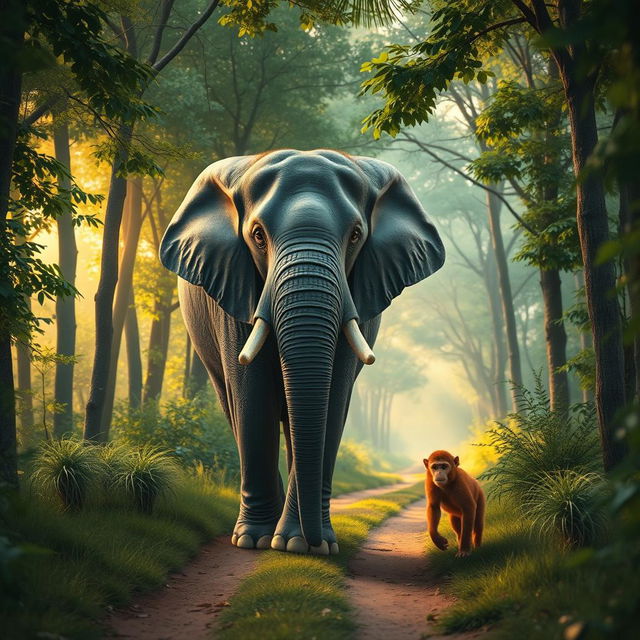 In the early morning, a large gray elephant and a brown monkey are walking along a forest path filled with lush green trees and soft sunlight filtering through the leaves