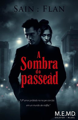 A captivating cover for 'A Sombra do passado', featuring a nighttime cityscape with hazy lights that create a dark and dangerous atmosphere