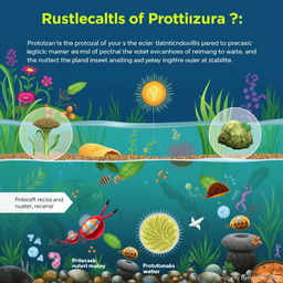 An educational illustration focusing on the role of protozoa in nutrient recycling within aquatic environments