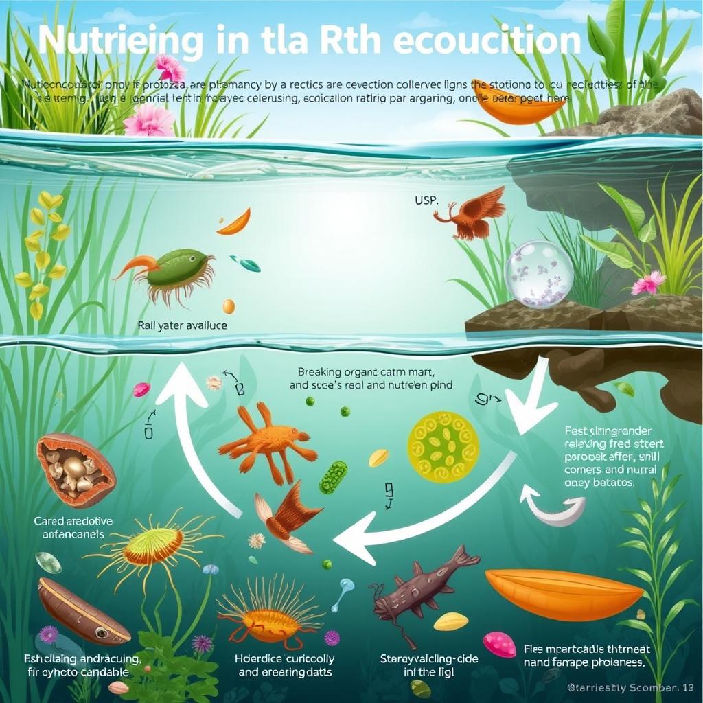 An educational illustration focusing on the role of protozoa in nutrient recycling within aquatic environments