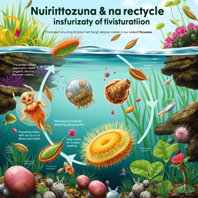 An educational illustration focusing on the role of protozoa in nutrient recycling within aquatic environments