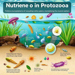 An educational illustration focusing on the role of protozoa in nutrient recycling within aquatic environments