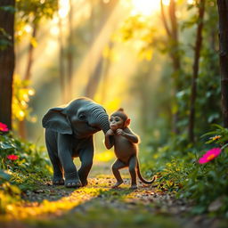 In the early morning, a cute small gray elephant and a cute brown monkey are walking along a forest path surrounded by vibrant greenery and soft rays of sunlight spilling through the trees