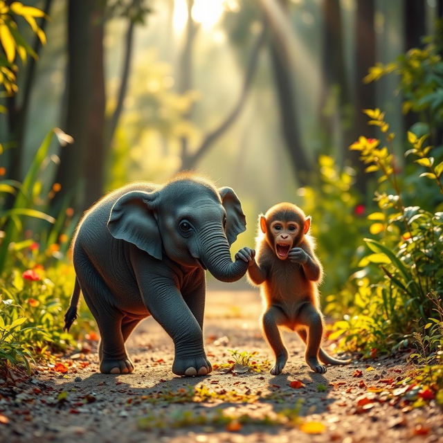 In the early morning, a cute small gray elephant and a cute brown monkey are walking along a forest path surrounded by vibrant greenery and soft rays of sunlight spilling through the trees