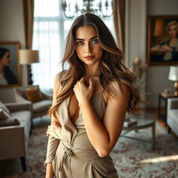 An elegant young female model in her 20s, showcasing grace and sophistication while posing in a stylish indoor environment