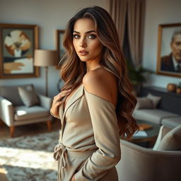 An elegant young female model in her 20s, showcasing grace and sophistication while posing in a stylish indoor environment