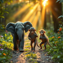 In the early morning, a cute small gray elephant and a cute brown monkey are walking along a forest path surrounded by vibrant greenery and soft rays of sunlight spilling through the trees