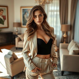An elegant young female model in her 20s, showcasing grace and sophistication while posing in a stylish indoor environment