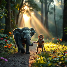 In the early morning, a cute small gray elephant and a cute brown monkey are walking along a forest path surrounded by vibrant greenery and soft rays of sunlight spilling through the trees