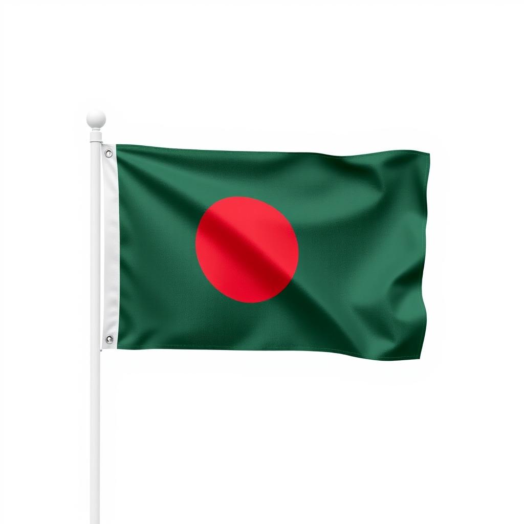 A detailed representation of the Bangladeshi flag attached to a white stick, displayed in a horizontal position on a plain background