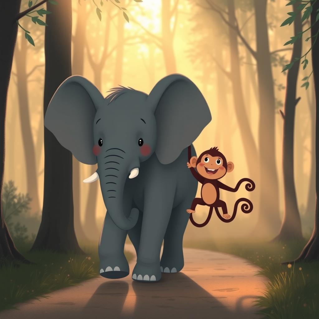 In the early morning light, a cute gray elephant and an adorable brown monkey are walking along a forest path