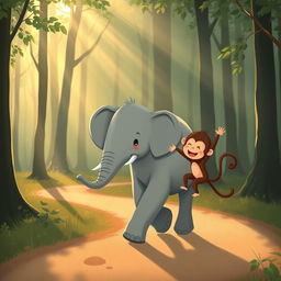 In the early morning light, a cute gray elephant and an adorable brown monkey are walking along a forest path