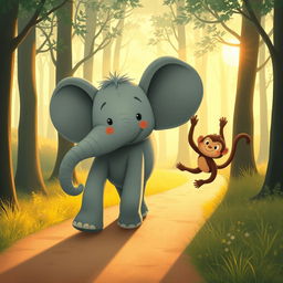 In the early morning light, a cute gray elephant and an adorable brown monkey are walking along a forest path