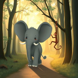 In the early morning light, a cute gray elephant and an adorable brown monkey are walking along a forest path