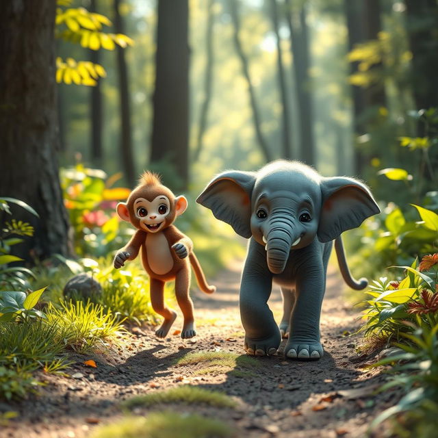 A cute small gray elephant and a cute brown monkey are walking along a forest path, surrounded by vibrant greenery and dappled sunlight filtering through the trees