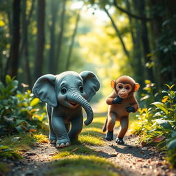 A cute small gray elephant and a cute brown monkey are walking along a forest path, surrounded by vibrant greenery and dappled sunlight filtering through the trees