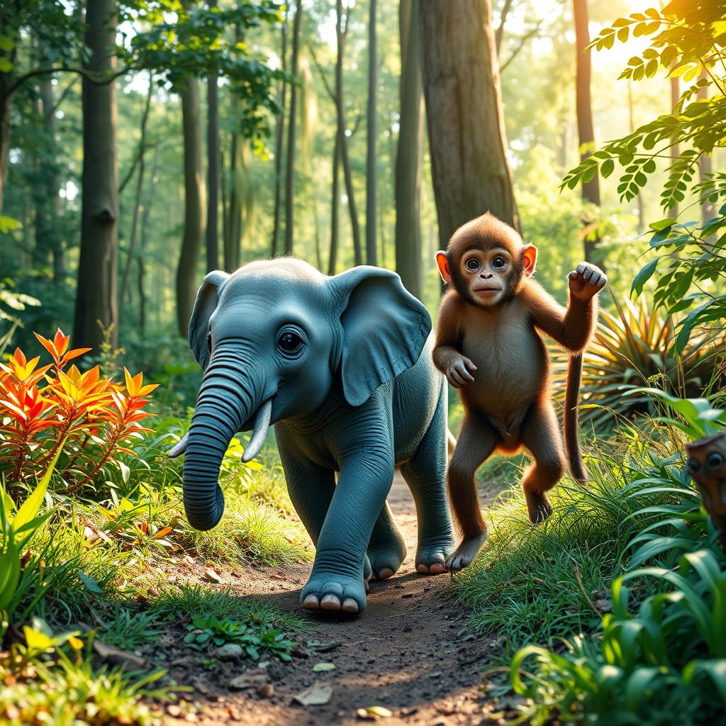 A cute small gray elephant and a cute brown monkey are walking along a forest path, surrounded by vibrant greenery and dappled sunlight filtering through the trees