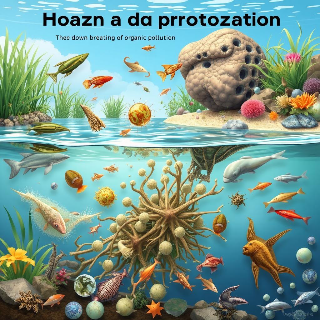 An educational illustration illustrating the role of protozoa in the reduction of organic pollution in aquatic environments