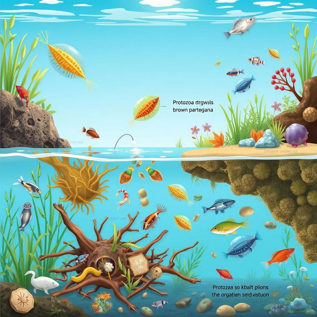 An educational illustration illustrating the role of protozoa in the reduction of organic pollution in aquatic environments