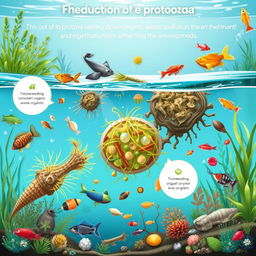 An educational illustration illustrating the role of protozoa in the reduction of organic pollution in aquatic environments