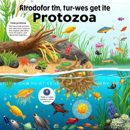 An educational illustration illustrating the role of protozoa in the reduction of organic pollution in aquatic environments