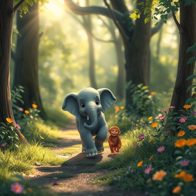 A small gray elephant and a small brown monkey are happily walking along a forest path, filled with vibrant greenery and a sense of joy