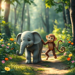 A small gray elephant and a small brown monkey are happily walking along a forest path, filled with vibrant greenery and a sense of joy