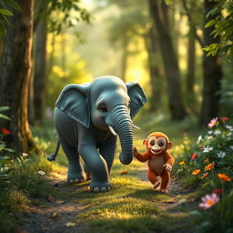 A small gray elephant and a small brown monkey are happily walking along a forest path, filled with vibrant greenery and a sense of joy
