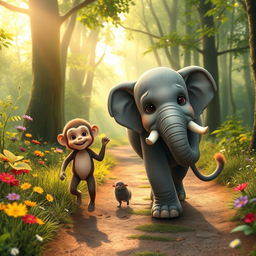 A small gray elephant and a small brown monkey are happily walking along a forest path, filled with vibrant greenery and a sense of joy