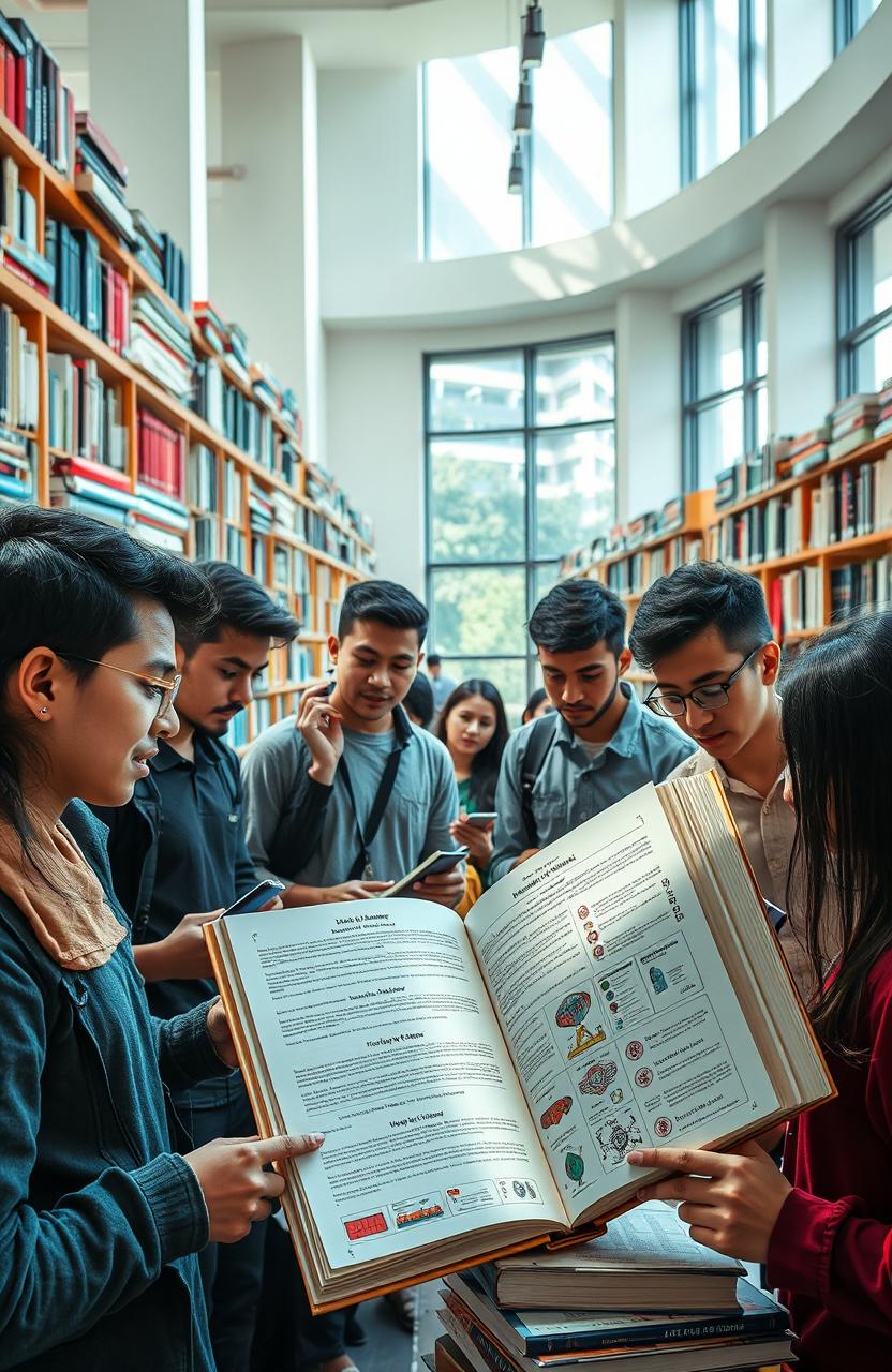 A captivating image of a university library filled with students studying about artificial intelligence