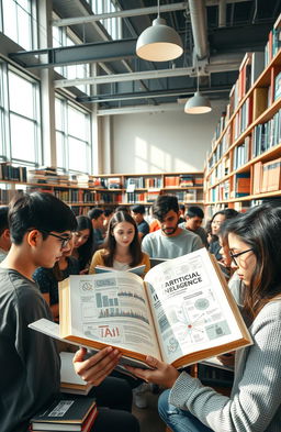 A captivating image of a university library filled with students studying about artificial intelligence