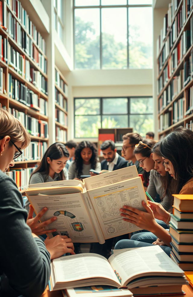 A captivating image of a university library filled with students studying about artificial intelligence