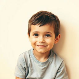 A portrait of a young boy with an innocent expression, sitting against a simple, light-colored background