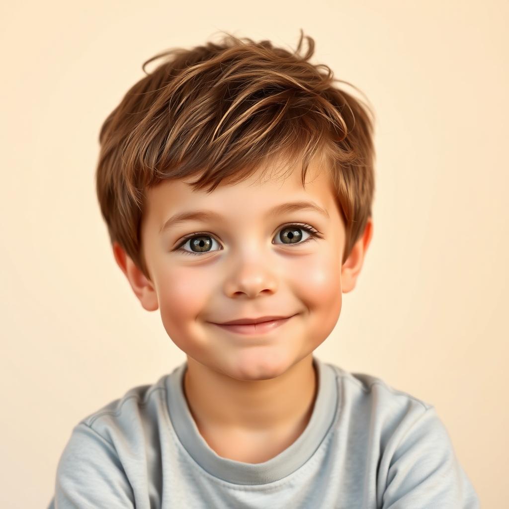 A portrait of a young boy with an innocent expression, sitting against a simple, light-colored background