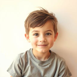 A portrait of a young boy with an innocent expression, sitting against a simple, light-colored background