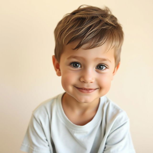 A portrait of a young boy with an innocent expression, sitting against a simple, light-colored background