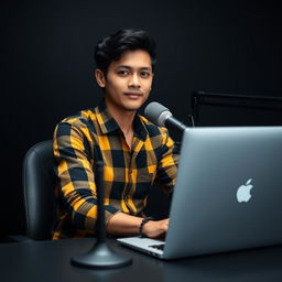 A 21-year-old man sitting at a computer desk with a microphone and a laptop