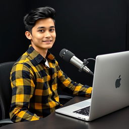 A 21-year-old man sitting at a computer desk with a microphone and a laptop