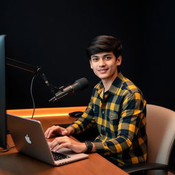 A 21-year-old man sitting at a computer desk with a microphone and a laptop